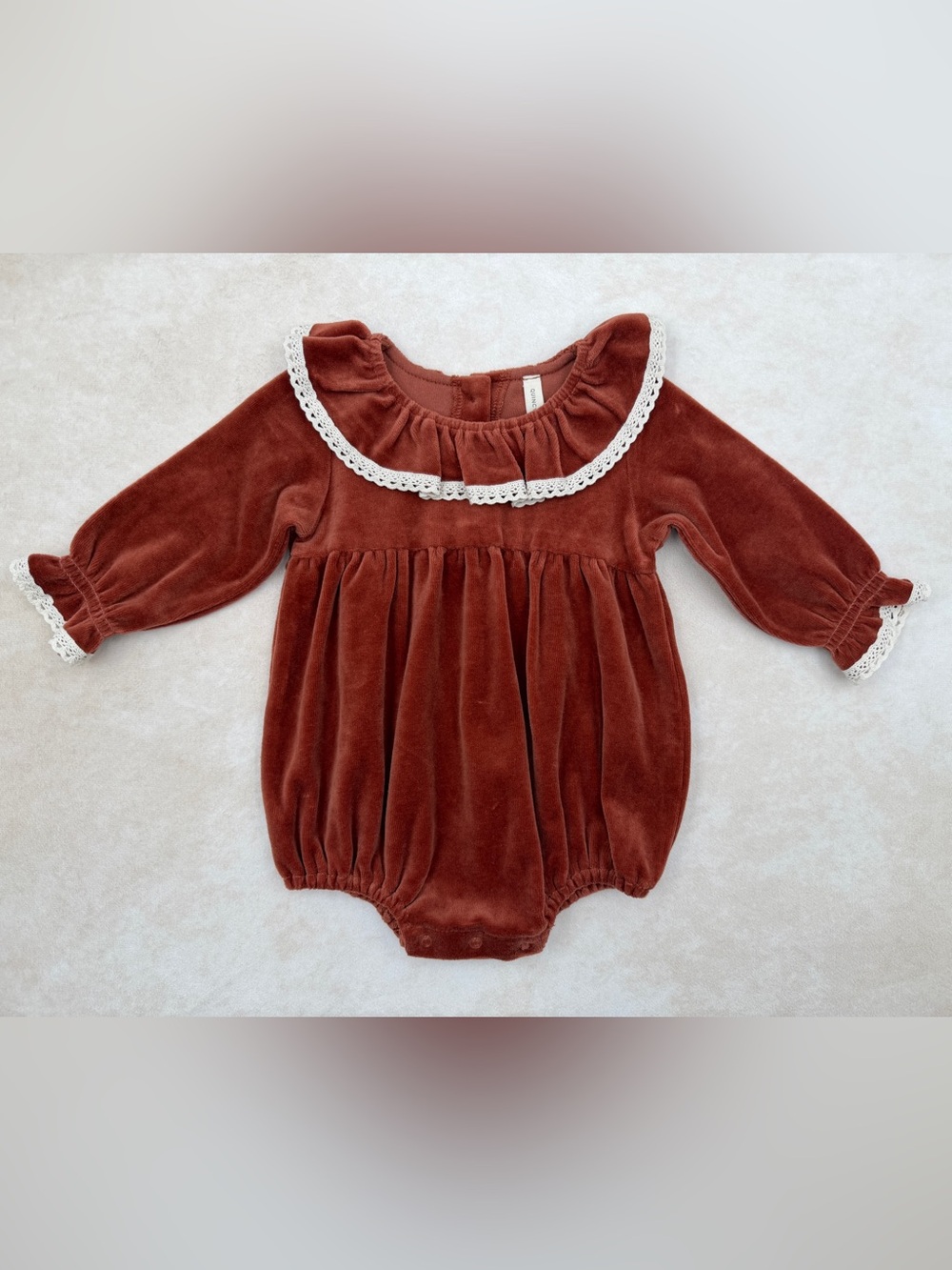 🆕 Quincy Mae Rust Velvet Ruffle Collar Romper